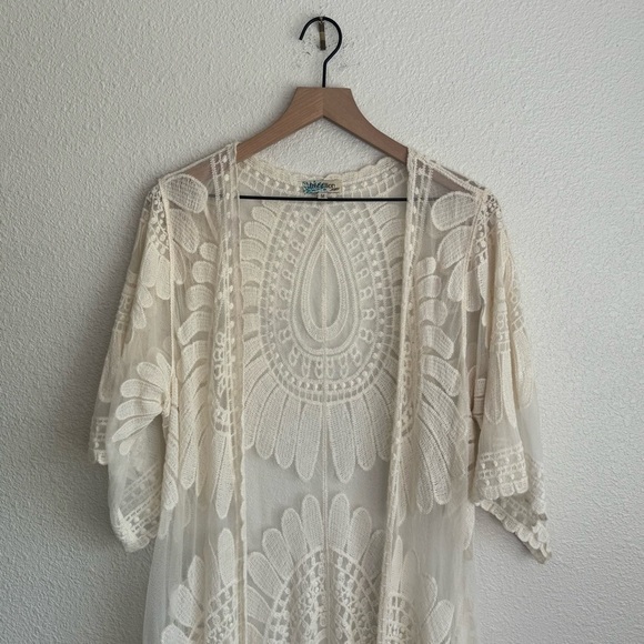 68 Rebellion Again Women's M Cream Boho Sheer Kimono Duster Coastal Festival - Picture 3 of 10